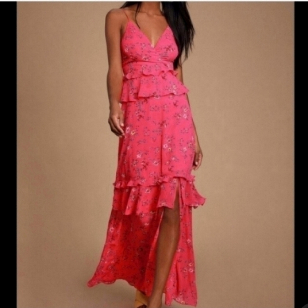 Lulus Sunshine Bouquet Fuchsia Pink Floral Print Ruffled Maxi Dress Ruffle